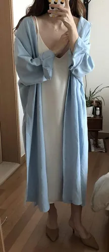 Vista 4 de GGUHHU - Vestido largo de algodón con mangas arremangadas, vestido maxi tipo blusa de algodón