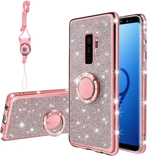 Vista 18 de Funda para Samsung Galaxy S9, Galaxy S9 para mujer, con purpurina, suave, elegante, transparente, TPU de lujo, linda funda protectora con correa
