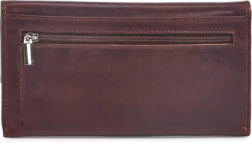 Vista 2 de Zinda Genuine Leathers Cartera larga con solapa triple y protección RFID para mujer, Marrón, Cartera para mujer
