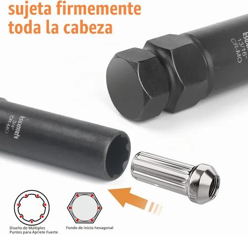 Vista 6 de Kit de extracción de bloqueo de rueda de 8 piezas, juego de llaves maestras de tuercas métricas SAE, llave de bloqueo de rueda para quitar