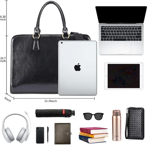 Vista 3 de Kattee Maletín de cuero genuino para mujer bolsa de laptop de gran capacidad con etiqueta de equipaje