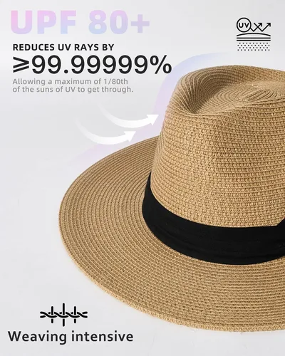 Vista 2 de FURTALK Womens Mens Wide Brim Straw Panama Hat Fedora Summer Beach Sun Hat UPF Straw Hat for Women