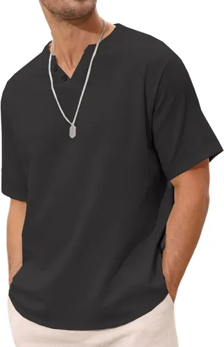 Vista 7 de Angbater Camiseta casual de lino Henley de manga corta para hombre, camiseta hippie de playa, camiseta ligera tropical para verano
