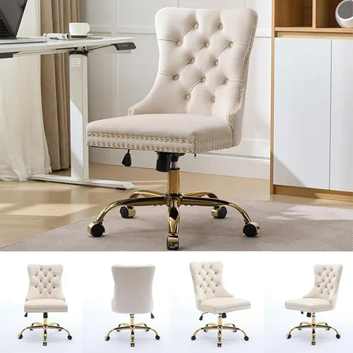 Vista 6 de Bonita silla de tocador beige con ruedas, silla de escritorio de oficina cómoda sin brazos de terciopelo para el hogar, silla giratoria