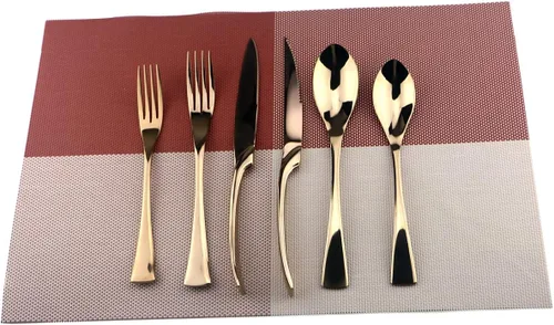 Vista 8 de Juego de cubiertos de acero inoxidable pulido de oro rosa, cuchillo de carne, tenedor, tenedor de ensalada, cuchara de postre, 24 piezas, servicio