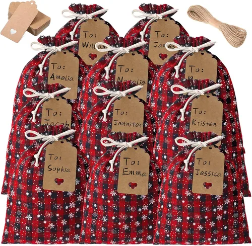 Vista 13 de Shappy 24 bolsas de Navidad con cordón, bolsas de arpillera a cuadros de Navidad, bolsas de lino con cuerda de 32.8 pies, 24 tarjetas