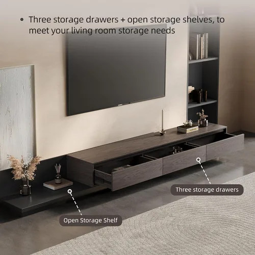 Vista 6 de Soporte de TV extensible moderno Mid-Century con 3 cajones, centro de entretenimiento ajustable para sala de estar y dormitorio (79 a 130 pulgadas)