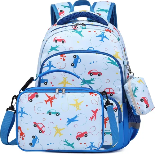 Vista 3 de MIRLEWAIY Mochila para niños de 15.7 pulgadas, juego de 3 piezas con lonchera y estuche para lápices para escuela, niñas, niños y estudiantes, Avión