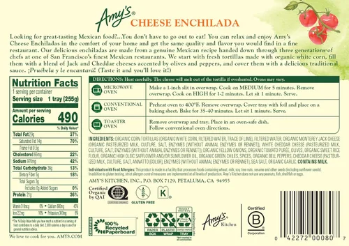 Vista 2 de Amy's - Enchilada con queso, sin gluten, 9 onzas, plato completo congelado