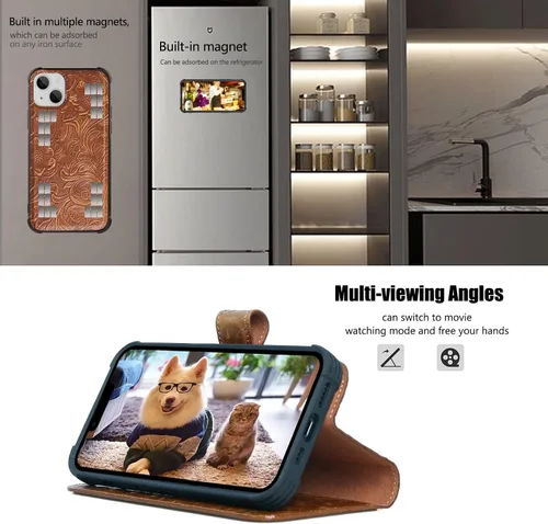 Vista 3 de Funda de cuero compatible con iPhone 13 Pro Wallet de 6.1 pulgadas, piel auténtica 2 en 1, magnética, desmontable, a prueba de golpes, funda