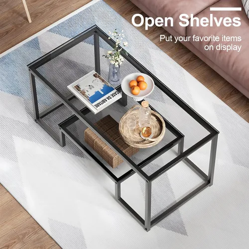 Vista 7 de Wolawu Mesa de Café de Cristal Gris Mesa de Café para Sala de Estar, Mesa Central Rectangular de 2 Niveles con Marco de Metal Resistente, Mesa
