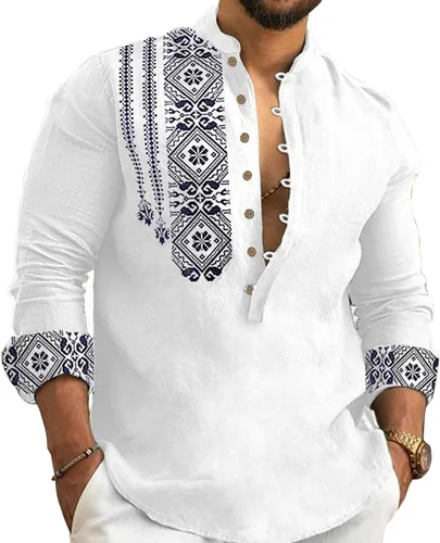 Vista 11 de Kubsid Mens Henley Shirts Casual T Shirt Long Sleeve Banded Collar Button Down Vintage Beach Tops