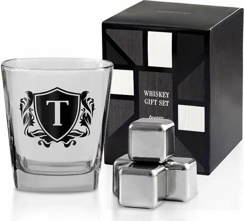 Vista 20 de Regalos de whisky para hombres, vaso de whisky con inicial personalizada con piedras de whisky para papá, novio, mejores amigos, compañeros