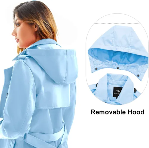 Vista 6 de FARVALUE Gabardina impermeable para mujer, rompevientos de doble botonadura, clásico con solapa con cinturón y capucha extraíble