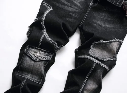 Vista 3 de XIMXIMMTIAN Jeans rectos de mezclilla para hombre con diseño de motociclista