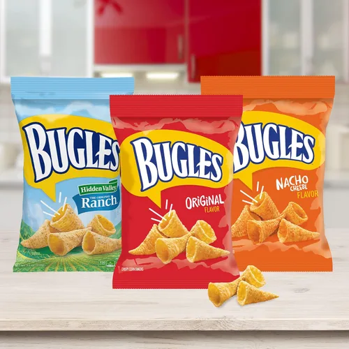 Vista 7 de Bugles Bocadillos de maíz crujientes originales, bolsa de aperitivos, 7.5 onzas
