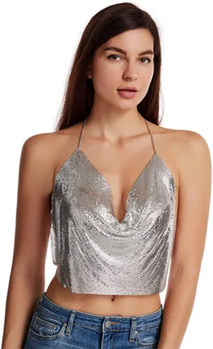 Vista 5 de Kuji - Blusa de lentejuelas metálicas tipo crop top con cuello halter, escote profundo y espalda descubierta, ideal para fiestas