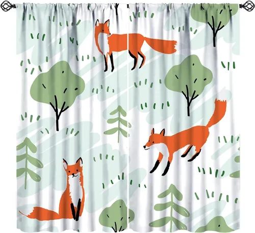 Vista 21 de Cortinas opacas de dibujos animados de animales de bosque naranja, zorro, flores, luna, hojas azules, arte abstracto, niños y niñas, decoración
