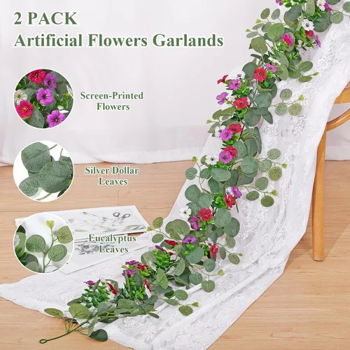 Vista 3 de 12.4FT Artificial Eucalyptus Flowers Garland 2PCS Faux Greenery Home Decor Green and Colorful-2pcs