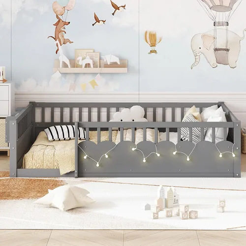 Vista 3 de Cama Montessori de tamaño matrimonial con estantería, luces, listones y Luces grises