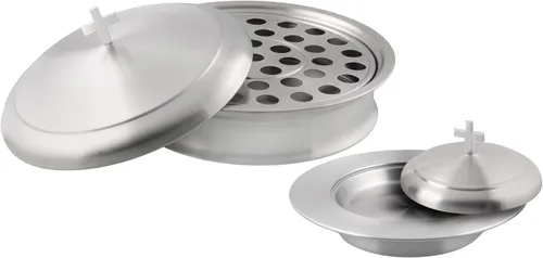 Vista 10 de Communion Ware - Bandeja para servir vino santo con tapa y un plato de pan apilable con tapa, acero inoxidable (latón/dorado)