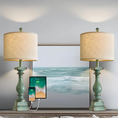 Vista 2 de BOBOMOMO Juego de 2 lámparas de mesa estilo granja de 27 pulgadas con USB A+C para dormitorio, sala de estar, lámparas vintage rústicas