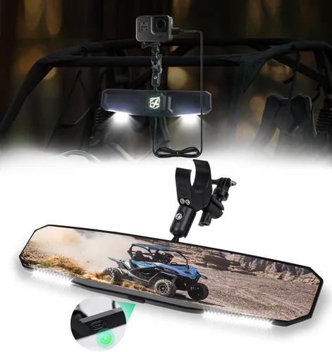 Vista 7 de Xprite Espejo retrovisor UTV de 13 pulgadas, espejo central SXS UTV con luces interiores, abrazadera de aluminio ajustable para montaje de 1.5 a 2
