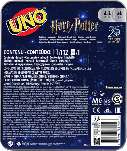 Vista 5 de Mattel Games UNO - Juego de cartas de Harry Potter en lata de almacenamiento para niños, adultos y fiestas, baraja coleccionable basada en series