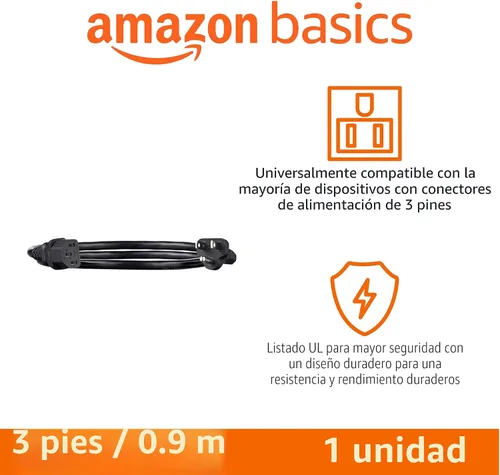 Vista 2 de Amazon Basics Cable de alimentación para PC, 3 pies, Cable de alimentación CA para monitor, computadora, TV, 3 clavijas, 18 AWG, 125 voltios, negro