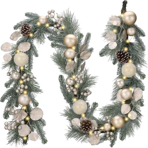 Vista 12 de Valery Madelyn - Guirnalda de Navidad de 1,8 m, preiluminada, con luces, para manto, guirnalda navideña iluminada para exteriores, con bolas