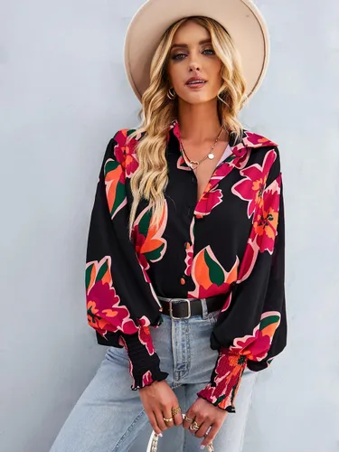 Vista 5 de Camisa estampada elástica para mujer, con estampado floral, de manga larga, con botones, para mujer
