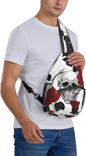 Vista 8 de Bandolera cruzada de girasol y bandera estadounidense para mujeres y hombres, bolsa de viaje para senderismo, bolsa de pecho, Rose and Skull