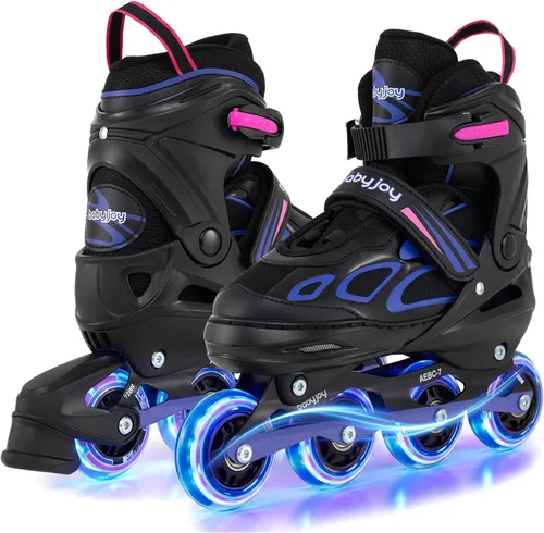 Vista 18 de BABY JOY Patines en línea, 4 tamaños ajustables para niños con ruedas iluminadas para niños de 5 a 14 años, divertidos patines iluminadores