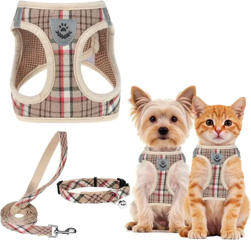 Vista 10 de PUPTECK - Arnés, collar y correa ajustables, sin tirones, para perros pequeños y medianos, cachorros y gatos, pechera reflectante acolchada de malla
