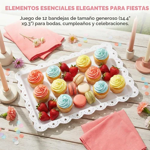 Vista 4 de Peohud Paquete de 12 bandejas de plástico blanco con borde de encaje, bandejas rectangulares para alimentos, platos desechables y bandejas