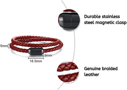 Vista 2 de Pulsera de cuero trenzada con cierre magnético de acero inoxidable para hombre, pulsera de cuero auténtico con cierre magnético