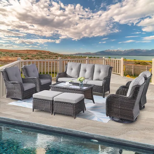 Vista 62 de Belord Mesa auxiliar pequeña para exteriores, mesa de mimbre de vidrio templado, mesa de centro impermeable para patio, mesa auxiliar de ratán