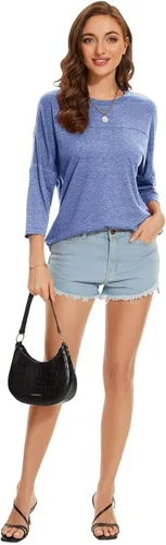 Vista 42 de ZENNILO Camisetas casuales de manga 3/4 para mujer, holgadas, cuello redondo, lindas camisetas básicas