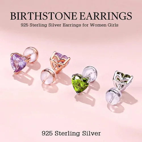 Vista 5 de Aretes de plata de ley 925 con piedra natal de corazón para mujer, aretes de tuerca con piedra natal de corazón para mujeres, adolescentes, niñas