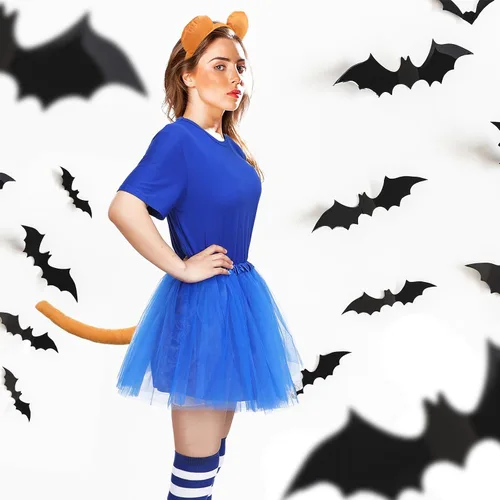 Vista 7 de Bonuci Juego de 6 piezas de disfraz de animal de Halloween, camiseta azul para adultos, calcetines, anteojos, orejas, diadema, cola y tutú