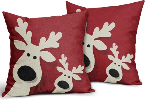 Vista 2 de Juego de 2 fundas de almohada rojas de Navidad de 16 x 16 pulgadas, decoración de Navidad de ciervos de Navidad, estampado de invierno, fundas