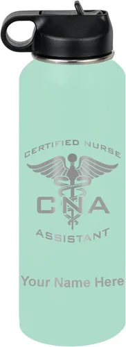 Vista 77 de LaserGram Botella de agua personalizada, asistente de enfermería certificada por la CNA, acero inoxidable de doble pared aislada al vacío con popote