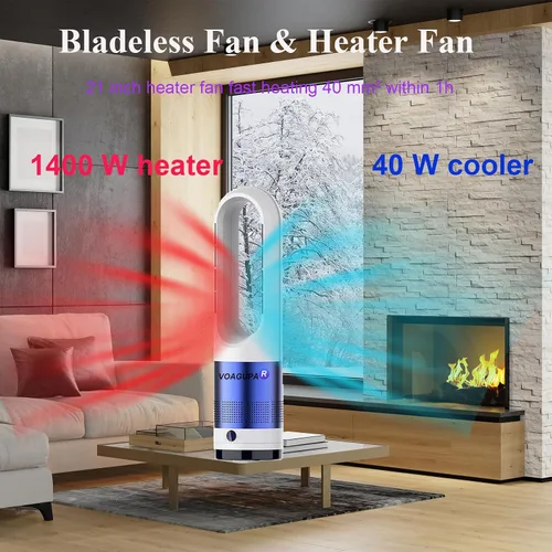 Vista 2 de Combo de calentador y ventilador sin aspas, ventilador de calentador de 1400 W y ventilador frío de 40 W, ventilador oscilante de 80°, uso durante