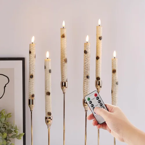 Vista 9 de Velas de mecha sin llama color marfil con control remoto, velas de cera LED parpadeantes operadas a batería, juego de 6 unidades Candelabros LED