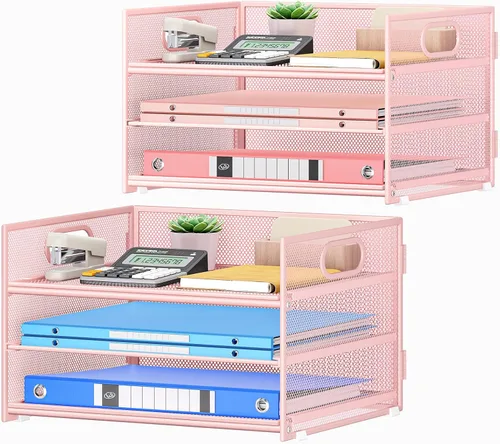 Vista 8 de SUBEKYU 2 paquetes de organizador de bandejas de cartas de 3 niveles para escritorio, organizador clasificador de archivos de malla metálica negra