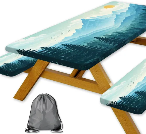 Vista 75 de Funda para Mesa de Picnic con Fundas para Bancos y Bolsa, Campista de Madera Impermeable Resistente al Viento, Cubierta de Mantel Ajustada con Borde