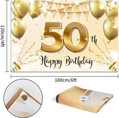 Vista 2 de HAMIGAR Fondo de pancarta de feliz cumpleaños 50 de 6 x 4 pies, decoraciones de cumpleaños de 50 años, suministros de fiesta para mujeres, oro blanco