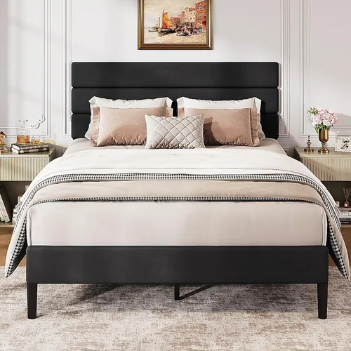 Vista 7 de WLIVE Base de cama tapizada, marcos de cama individual con cabecero, cama de plataforma con listones de madera, base de colchón de 600 libras,