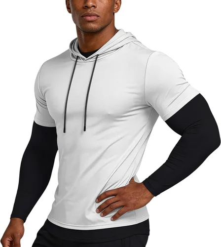 Vista 7 de Sudadera con capucha de secado rápido para hombre, manga larga, falsa de dos piezas, color sólido, camiseta atlética para entrenamiento y fitness