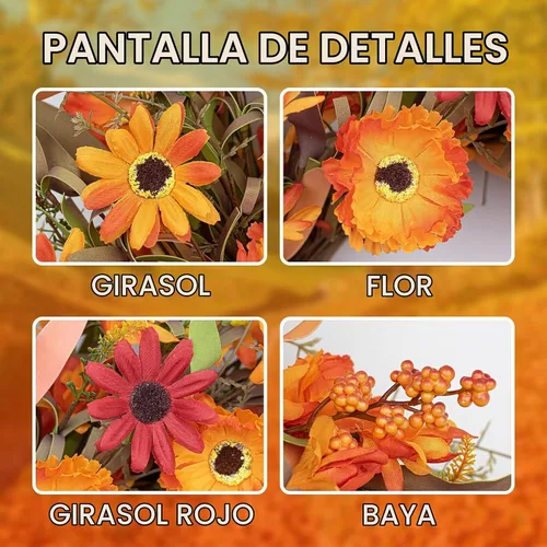 Vista 6 de J'FLORU Corona artificial de otoño de 22 pulgadas, coronas de otoño para puerta delantera, corona de margaritas naranjas con bayas silvestres